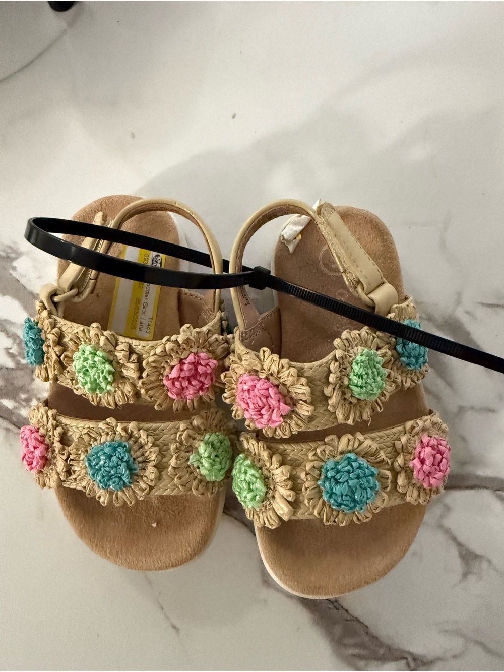 Kids Straw Sandals with Pink, Blue & Green Floral Accents